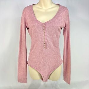 Free People Heathered Pink Long-Sleeve Henley Bodysuit